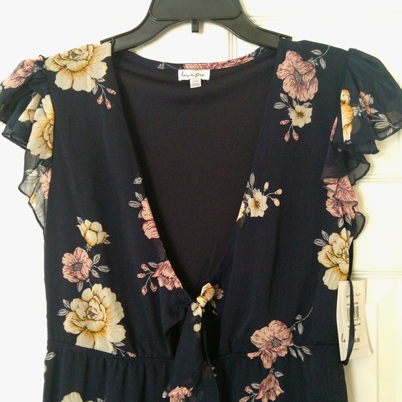 Love,Fire-Navy mauve floral deep v neck cut out tie front midi dress Sz L & M - Picture 3 of 8